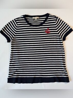 LOFT XXL Navy & White Striped Anchor Embroidered Cotton Sweater Tee‎ Nautical